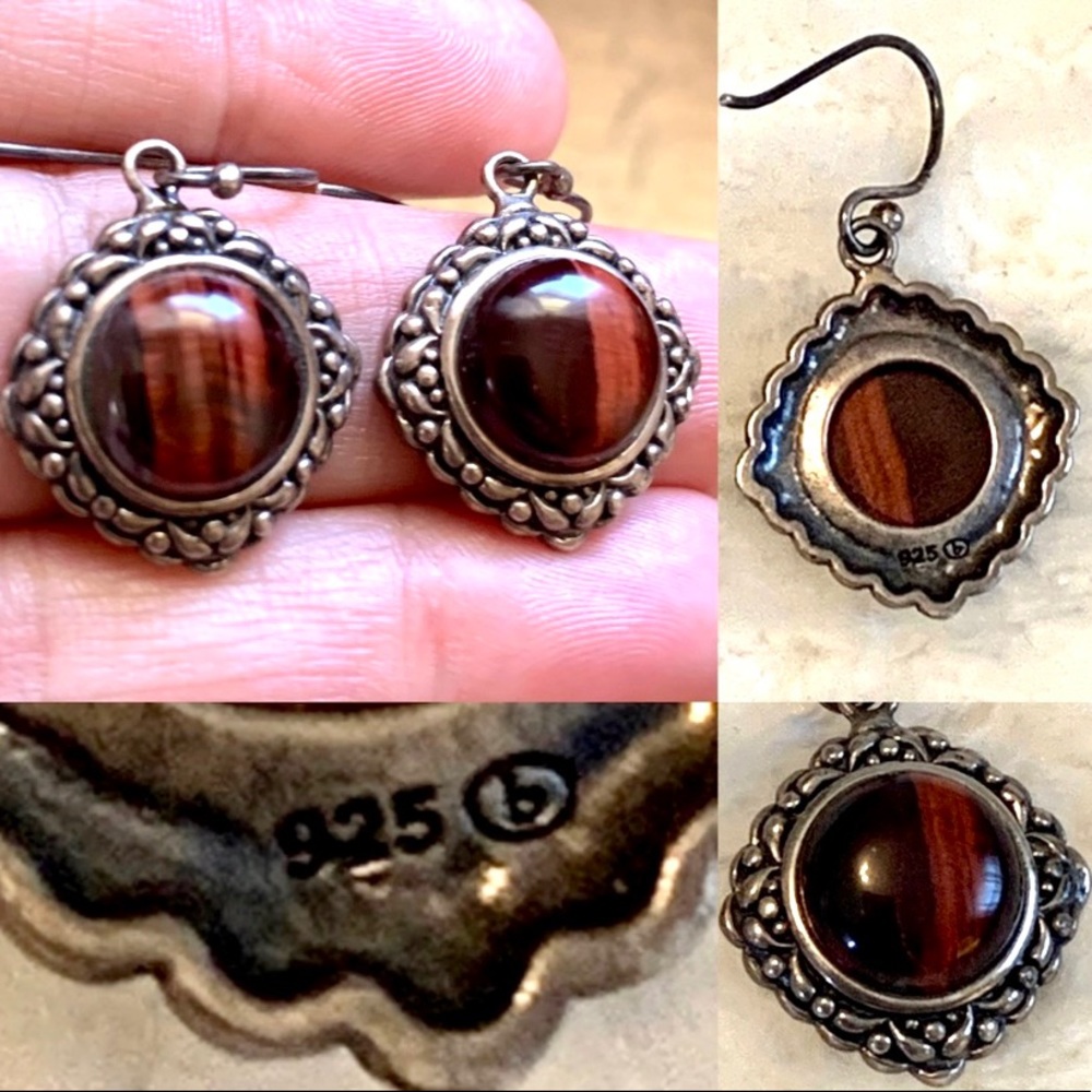Vintage Tigers Eye Sterling Silver 925 Earrings Drop Natural Semiprecious stone
